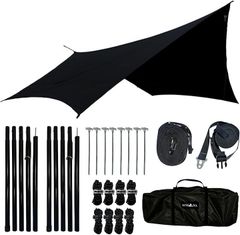 LUHANA Hexagonal Tarp, Flame-Retardant Polyester, 8000mm Water Pressure Resistance, Black Coating, Light-Blocking, Large Size, Includes 5m Extension Belt, Lightweight (Black (Flame-Retardant Black Coating), 420x410cm (All-in-One))