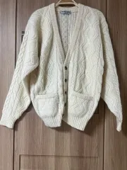 ヴィンテージ ケーブル編み アイボリー Vネック ニットカーディガン