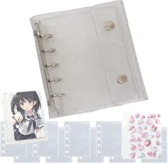 Alpha Depot シール帳 推し活 M5ミニバインダー 透明クリア 女の子向け はがせるシール収納 手帳型 5穴リング式 両面使えるポケット トレカ コレクション収納 (クリア,  M5バインダー + リフィル10枚)