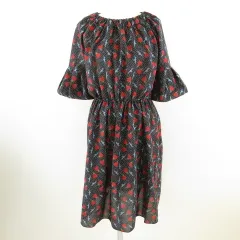 ジーユー GU ワンピース 膝丈 五分袖 花柄 ドット 黒 S *T138