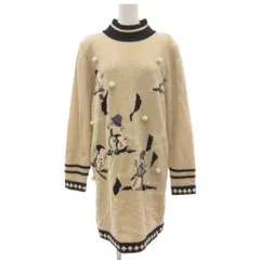 Pour Quoi 美品 ニットワンピース ひざ丈 ウール M ベージュ 雪だるま柄 ポンポン装飾 長袖 /NL ■GY58