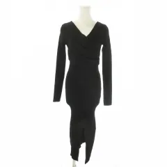 リエンダ rienda リブワンピース F 黒 ブラック Vネック ラップデザイン 長袖 /AO11 ■GY70