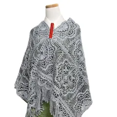 ショール　花紋　格子　レース　グレーカラー　正絹　着物　031b p
