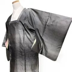 ロングサイズ　道行コート　横縞　モノトーン　織り　正絹　着物　031b p