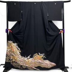 黒留袖 金駒刺繍 金彩 ヱ霞 菊 梅 萩 五つ紋 比翼付き 着物 028k