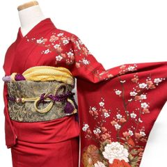 売約済み 美品 正絹 ふくれ織 振袖 3点セット 赤古典 成人式