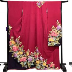 裏表 正絹 朱色 椿 蝶々 振袖 身丈165 中古 振袖 綸子 正絹 古典柄 袷 