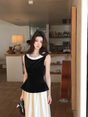 送料無料 セットアップ レディース 結婚式 パーティー 高見え 上品 ノースリーブ ウエスト 絞り トップス スカート 2点セット ブラック ベージュ S M L かわいい スタイリッシュ