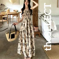 新品 未使用 韓国 服 レディース ワンピース ベージュ 花柄 ロングワンピース ノースリーブ