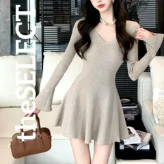 新品 未使用 韓国 服 レディース ワンピース グレー 長袖 パーティー ミニドレス ニット