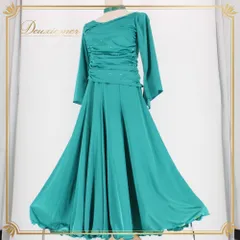 社交ダンス 衣装 スタンダード ドレス ワンピース レッスンウェア パーティドレス Sanline グリーン系 ラインストーン 長袖 無地 シンプル 11R 11号相当 日本製 サンリーヌ ストレッチ 伸縮性あり 背面ファスナー ボートネック風 ドレープ