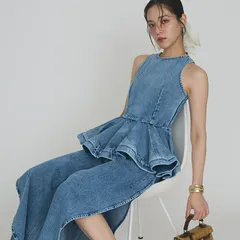 デニムペプラムバックZIPトップス + カーヴィースリットデニムパンツ (2set) Frene フラーネ同型 2点セット デニムセットアップ