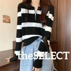 新品 未使用 韓国 服 レディース トップス 黒 ニットポロシャツ ハーフジップ ボーダー 黒