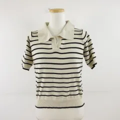 by Muni:r ボーダー襟付きニット 半袖 ベージュ 黒 F *A87