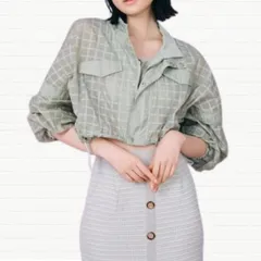 REDYAZEL スタンドカラーショート丈ナイロンブルゾン グリーン 緑 シアー シースルー フリーサイズ free レディアゼル レディース 短丈 パーカー 透け感 チェック 格子 未使用 春 夏