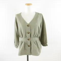 グラシア GLACIER 前釦Ｖネックブラウス 七分袖 緑 L *A985