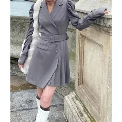 ROYAL PARTY パフスリーブ長袖ジャケットプリーツミニワンピース グレー ロイヤルパーティ パワー袖 レディース 春 秋