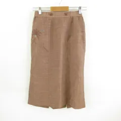DANA PARIS スカート タイト ミディ丈 リネン混 シワ加工 刺繍 茶 9 *T465
