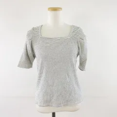 ヘザー Heather リブカットソー ボーダー スクエアネック ストレッチ 半袖 白 黒 F *A606