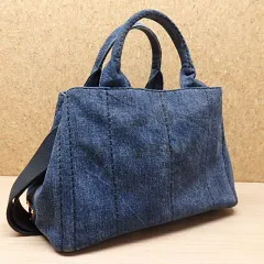 ＜良品＞PRADA プラダ カナパ デニム 2way ショルダーバッグ ハンドバッグ 三角ロゴ
