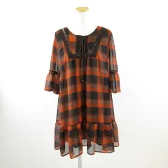 ワンアフター アナザー ナイスクラップ one after another NICE CLAUP ミニワンピース フレア 七分袖 チェック オレンジ 茶 *A385