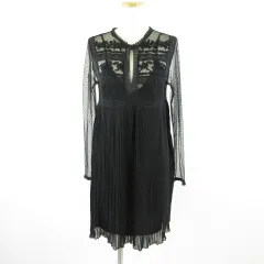 ザラ ZARA ワンピース ミニ 長袖 プリーツ 刺繍 ビーズ レース 黒 M *T898