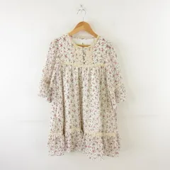 クミキョク 組曲 KUMIKYOKU フレアワンピース 七分袖 レース 花柄 ひざ丈 オフホワイト 赤 LL *A348