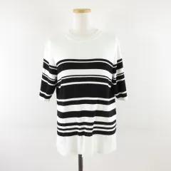 アー・ヴェ･ヴェ ミッシェルクラン a.v.v クルーネックサマーニット 五分袖 ボーダー アイボリー 黒 L *A864