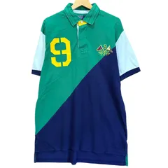 ポロラルフローレン ラガーシャツ ポロシャツ 半袖 鹿の子 切替 マルチカラー グリーン ネイビー L ナンバリング 9 刺繍ロゴ 90年代 アメカジ 古着 ヴィンテージ 希少デザイン POLO RALPH LAUREN メンズ 春夏 / MS382