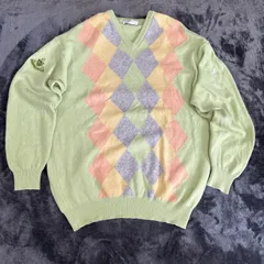【USED】US 古着 Lyle&Scott アーガイルニット セーター メンズL相当 ウール100% グリーン マルチカラー 刺繍ロゴ ワッペン Vネック 古着 レトロ ゴルフ
