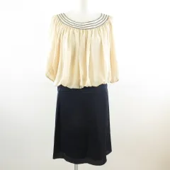 ヌーク NOUQUE ワンピース ひざ丈 七分袖 ベージュ 紺 38 *T950