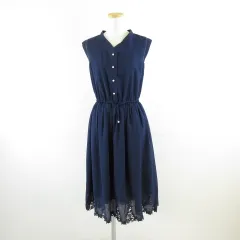 ウィルセレクション WILLSELECTION ノースリーブワンピース ひざ丈 刺繍 フレア チェック 紺 M *A983