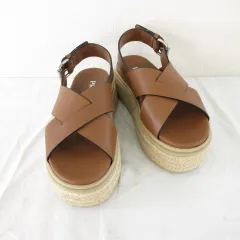 プラダ PRADA フラットフォームサンダル エスパドリーユ レザー 茶 35 *A129