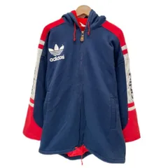 【中古】　adidas　ジップアップパーカー　90s vintage　90年代　プルオーバー　フーディ　トップス　裏地ボア　両面プリント　ブランドロゴ　トレフォイル　デサント社　日本製　スポーツ　古着　/1599