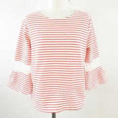 アースミュージック&エコロジー EARTH MUSIC & ECOLOGY カットソー 七分袖 ボーダー レース オフホワイト 白 赤 F *T777