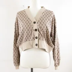 グレイル GRL ニットカーディガン ショート丈 長袖 総柄 ベージュ 茶 F *A316