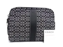 ■美品■ COACH コーチ ミニシグネチャー キャンバス×レザー メイクポーチ マルチケース 小物入れ  ブラック系×グレー系 DM6350
