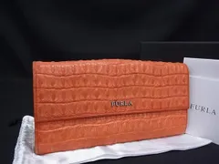 FURLA フルラ クロコダイル型押しレザー Wホック 二つ折り 長財布 ウォレット 札入れ 小銭入れ カード入れ オレンジ系 DM6798