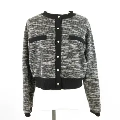 FUN カーディガン ツイード クロップド丈 長袖 ストレッチ 黒 白 F *A345