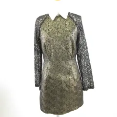 シスタージェーン SISTER JANE ワンピース レース 長袖 ミニ 総柄 ゴールド 黒 S *A946