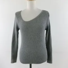 セゾンドパピヨン SAISON DE PAPILLON ニット セーター 長袖 リブ アシンメトリーネック グレー *T934