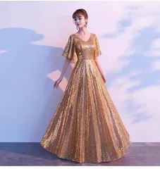 ウエディングドレス 二次会 前撮り 大きいサイズ 結婚式/二次会ドレス 海外挙式 ウェディングドレス ライトドレス 花嫁ドレス ロングドレス 後撮り 結婚式 スレンダードレス 半袖 ワンピース 宴会 司会者　キラキラ スパンコール ゴールド