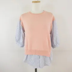 セシルマクビー CECIL McBEE ニット セーター 異素材 七分袖 フェイクレイヤード ストライプ ピンク M *T359