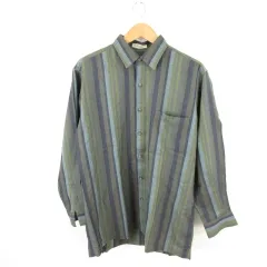 モアレ Moare ステンカラーシャツ ストライプ 長袖 緑 紺 L *A233