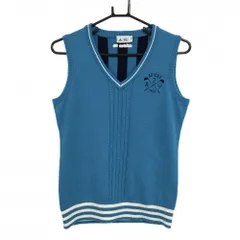 【美品】アディダス ニットベスト ブルー系×黒 フロントケーブル編み 背面ストライプ ロゴ刺しゅう レディース M/M ゴルフウェア adidas