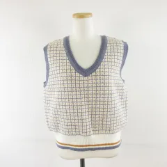 ミームセレクト me+emselect ニットベスト 総柄 オフホワイト 青 F *A636