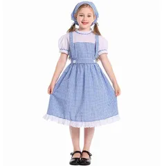 ハロウィン コスプレ 子供 女の子 衣装 舞台 劇用 演出服 青チェック ワンピース スカーフ付き
