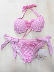 ビキニ水着PINKチェックボーダー9МラヴューLAタグあり未使用