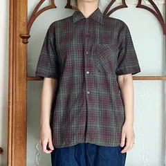 ユーロヴィンテージ 60's 緑×赤チェック 半袖シャツ（m623）