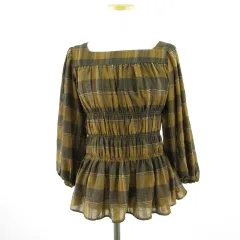 ローリーズファーム LOWRYS FARM カットソー ブラウス 七分袖 スクエアネック チェック 茶 F *T548